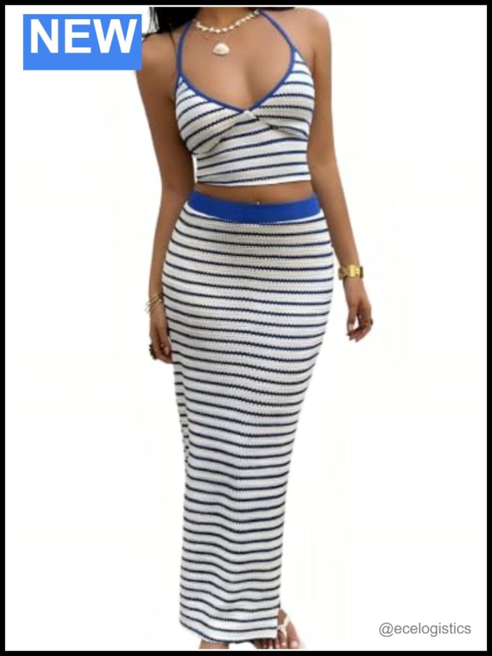 2 Piece Skirt Set Boho Maxi Halter Backless Vacation Outfit Striped Women's